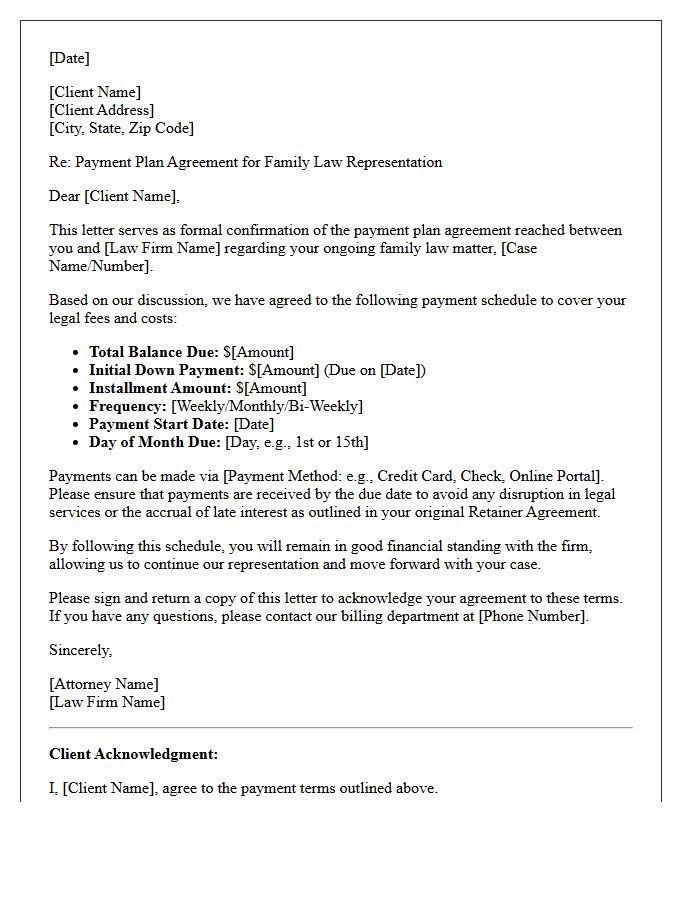 Family Law Representation Payment Plan Agreement Confirmation Letter