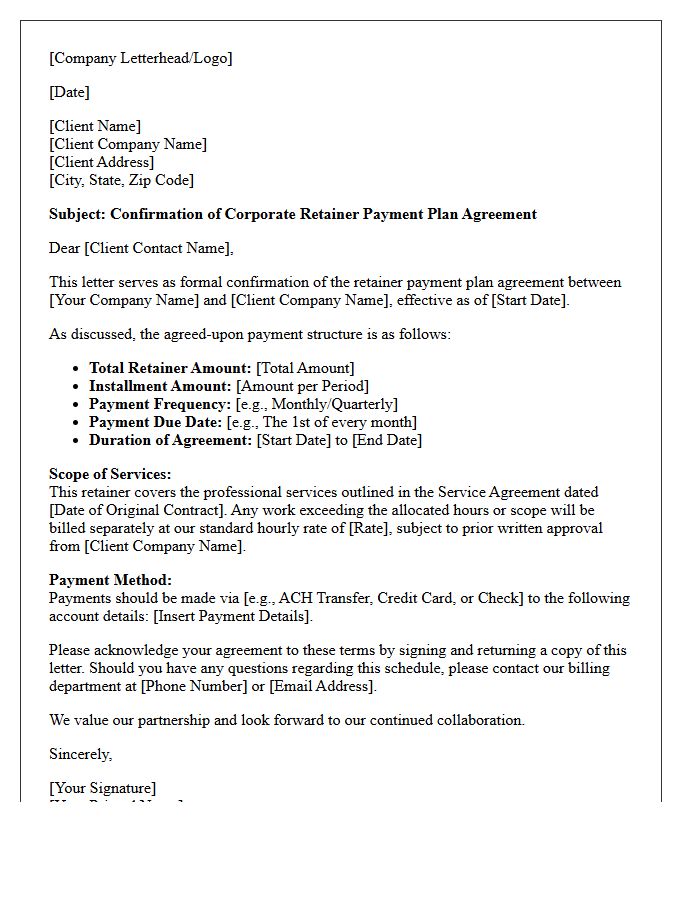 Corporate Retainer Payment Plan Agreement Confirmation Letter