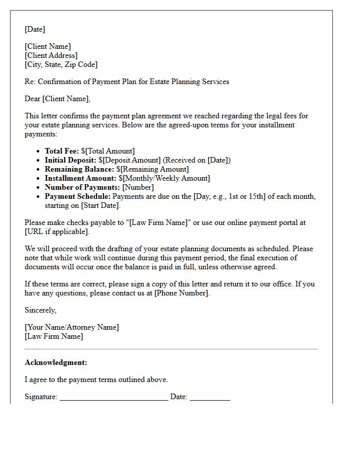Estate Planning Services Payment Plan Agreement Confirmation Letter