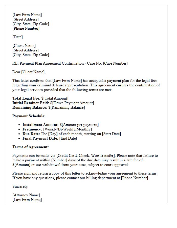Criminal Defense Representation Payment Plan Agreement Confirmation Letter