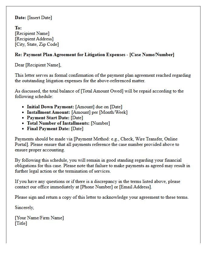 Litigation Expense Payment Plan Agreement Confirmation Letter
