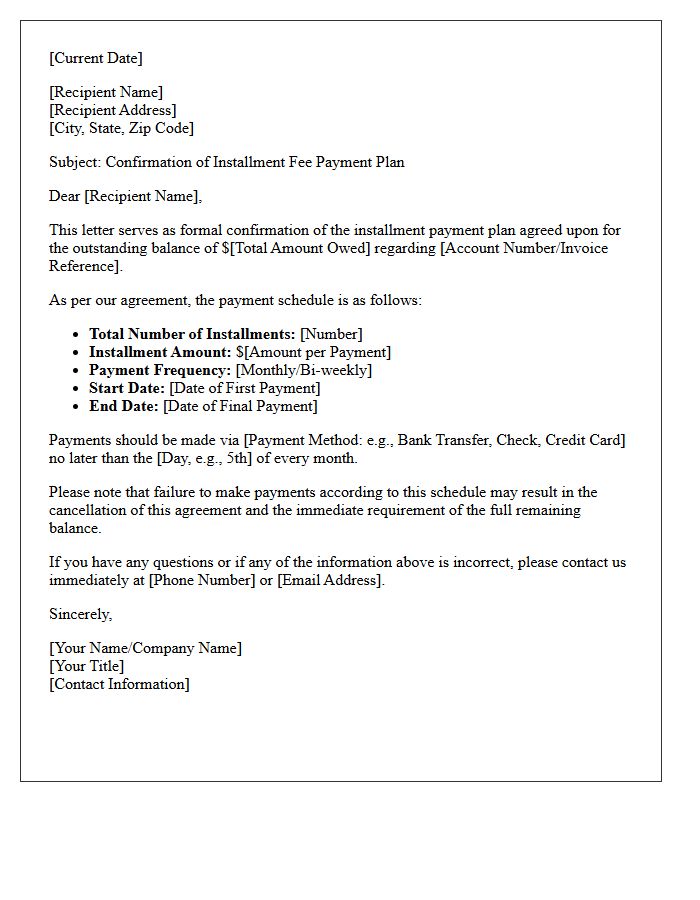 Installment Fee Payment Plan Agreement Confirmation Letter