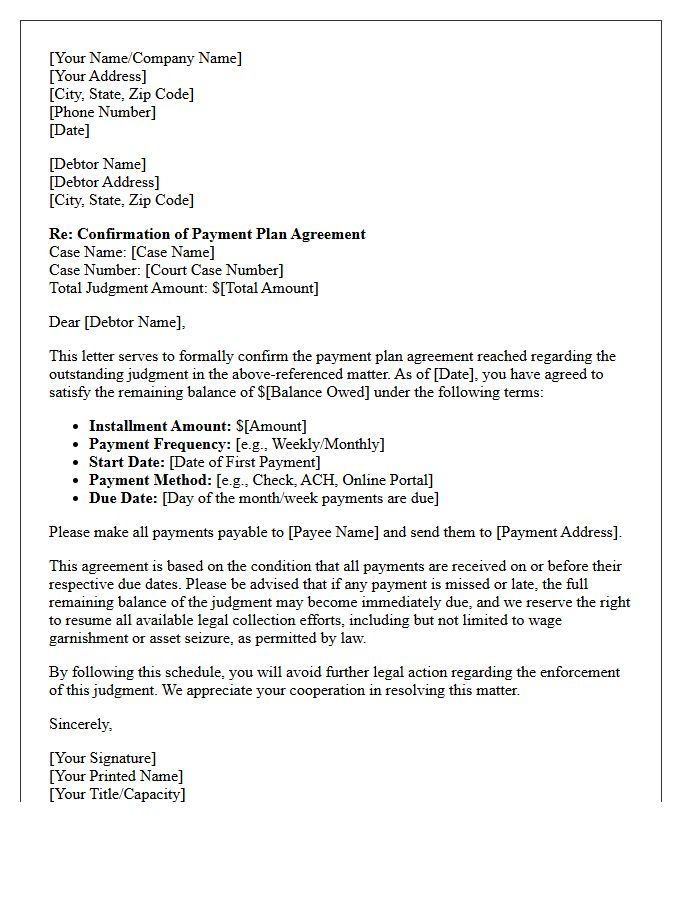 Post-Judgment Debt Payment Plan Agreement Confirmation Letter