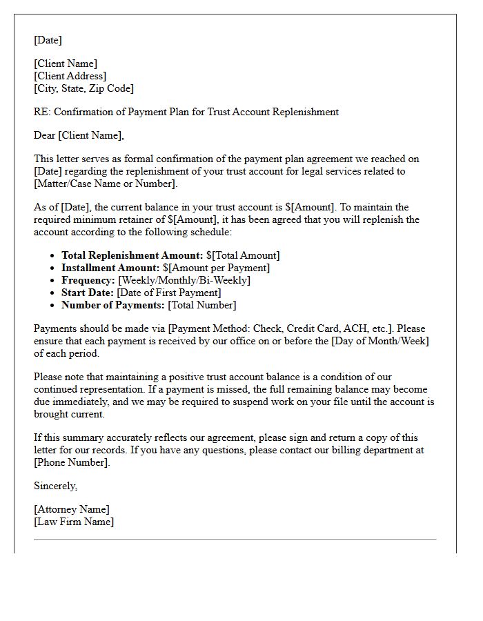 Trust Account Replenishment Payment Plan Agreement Confirmation Letter