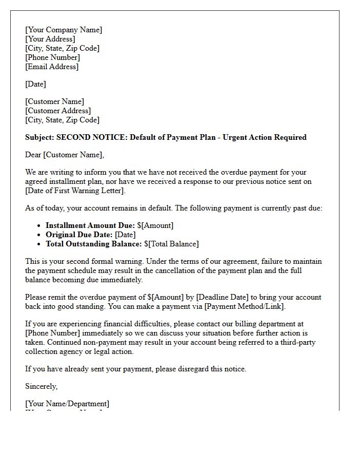 Second Warning Payment Plan Default Letter