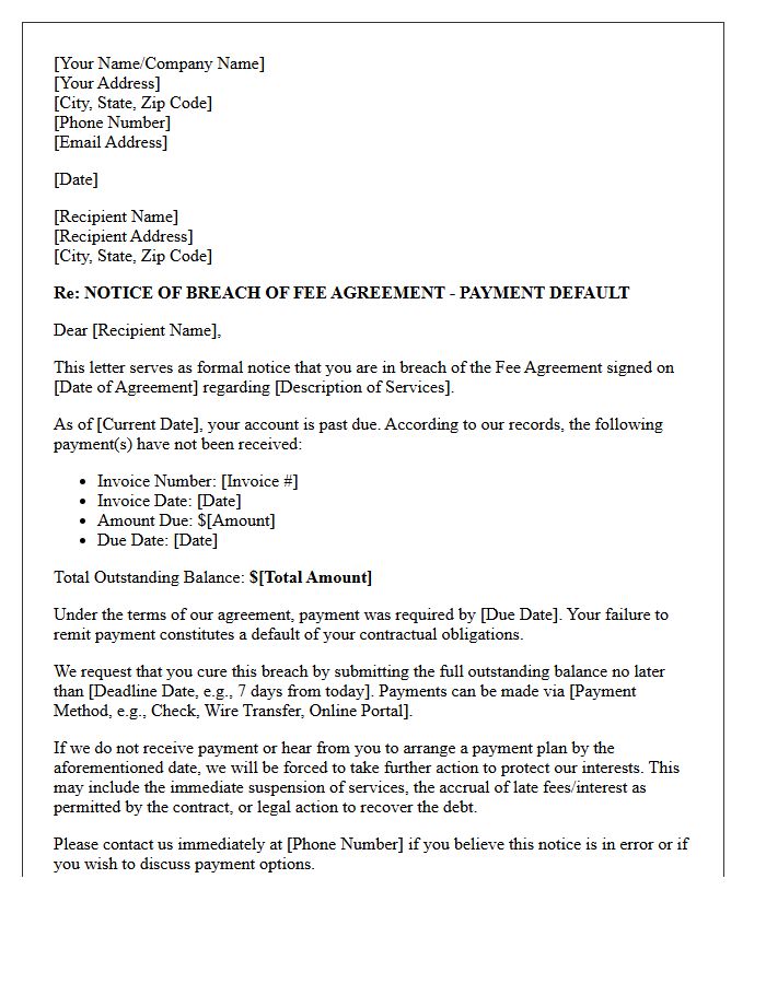 Breach of Fee Agreement Payment Default Letter