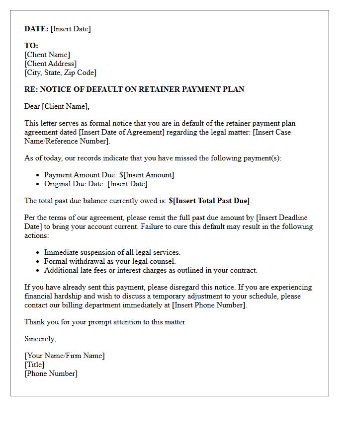 Notice of Retainer Payment Plan Default Letter