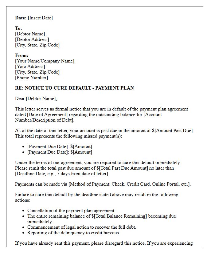Demand to Cure Payment Plan Default Letter