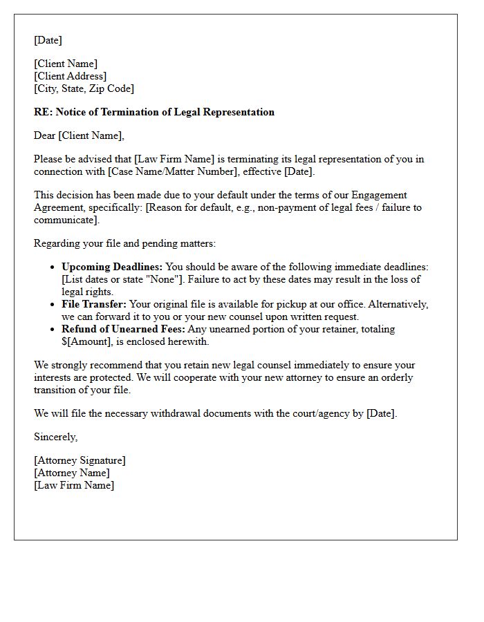 Termination of Representation Default Letter