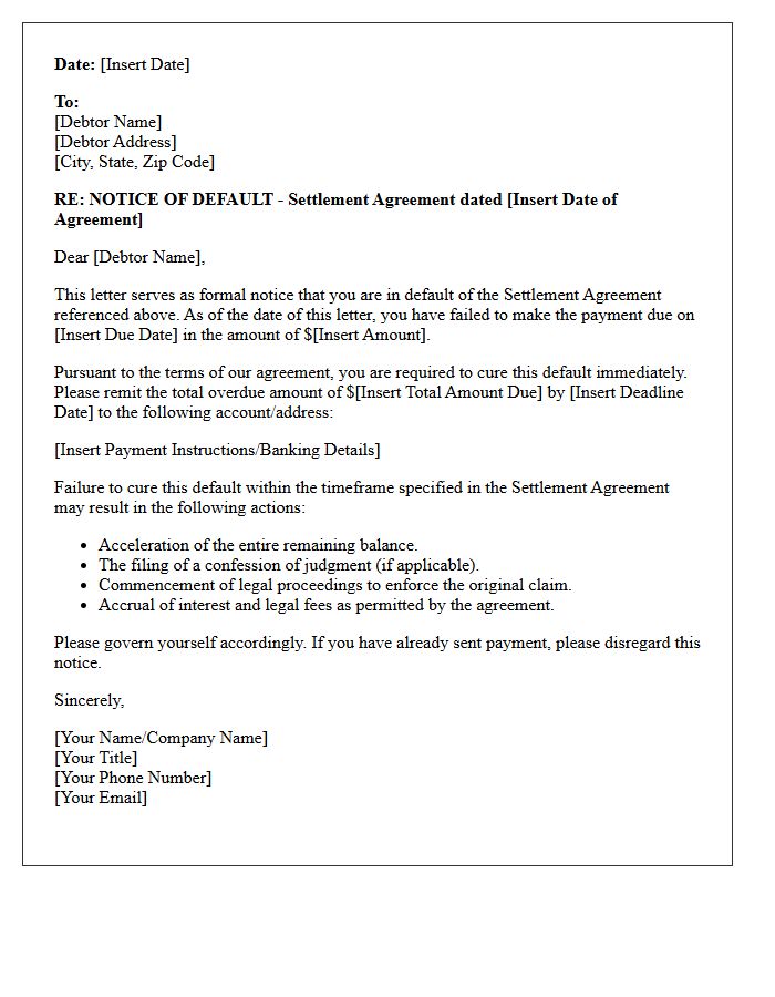 Notice of Settlement Payment Default Letter