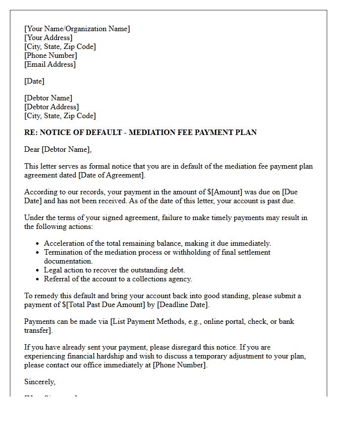 Mediation Fee Payment Plan Default Letter