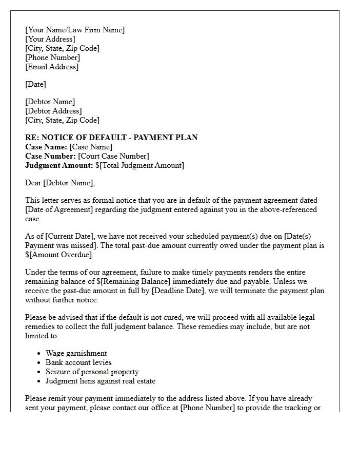 Post-Judgment Payment Plan Default Letter