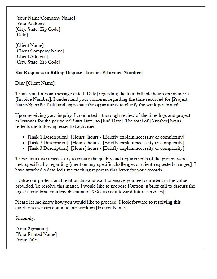 Letter Responding to Client Billing Dispute Over Total Billable Hours