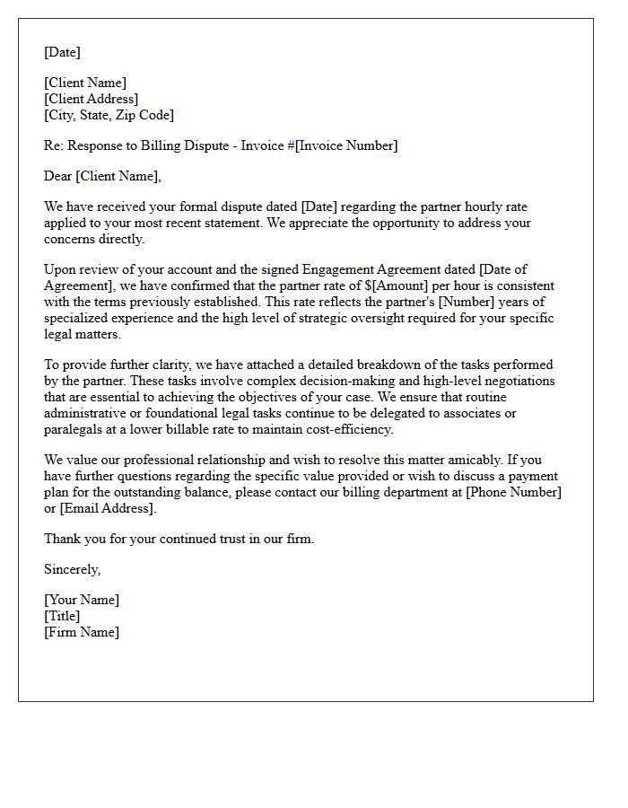 Response Letter to Client Billing Dispute Regarding Partner Hourly Rate