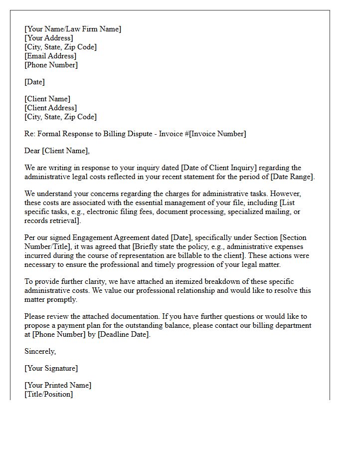 Letter Addressing Client Billing Dispute for Administrative Legal Costs