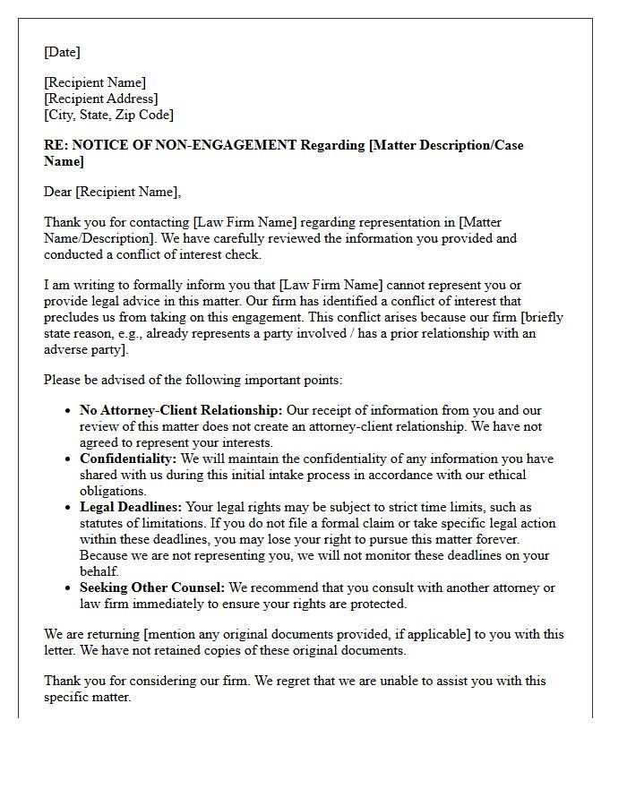 Matter-Specific Conflict of Interest Non-Engagement Letter