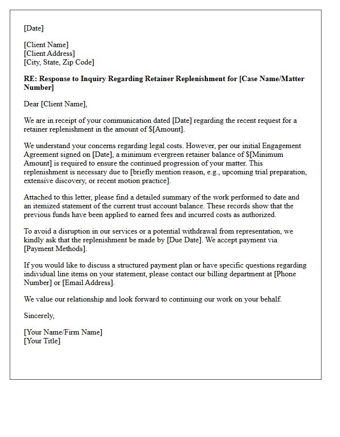 Response Letter to Client Billing Dispute Over Retainer Replenishment