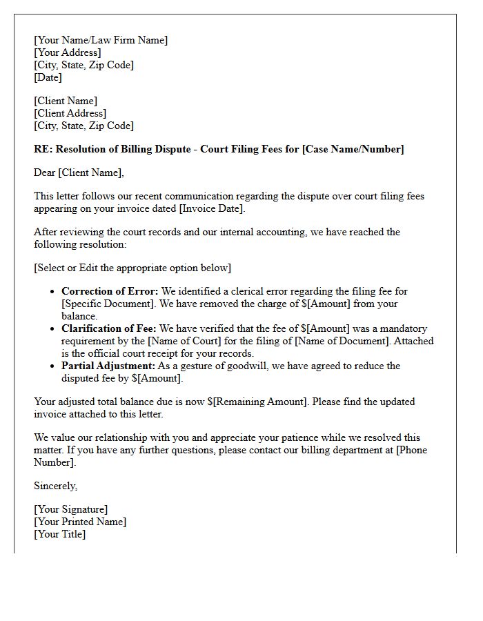 Letter Resolving Client Billing Dispute Regarding Court Filing Fees