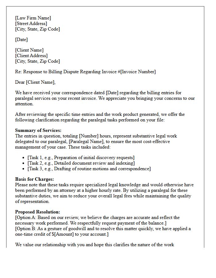 Response Letter to Client Billing Dispute for Paralegal Time Entries