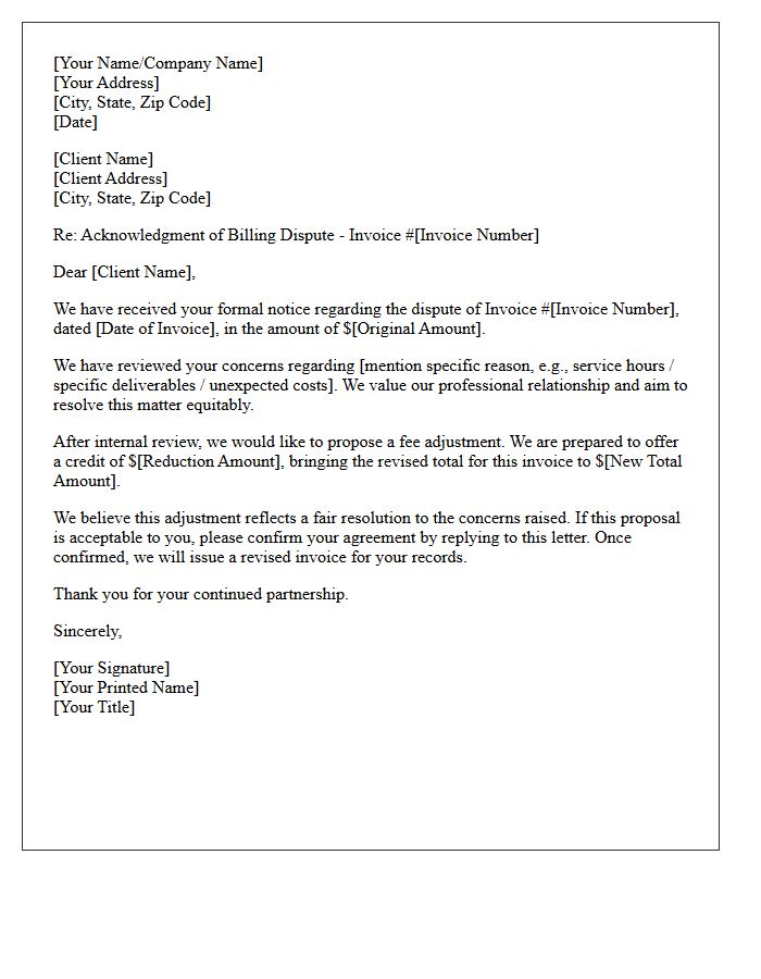 Letter Acknowledging Client Billing Dispute and Proposing Fee Adjustment