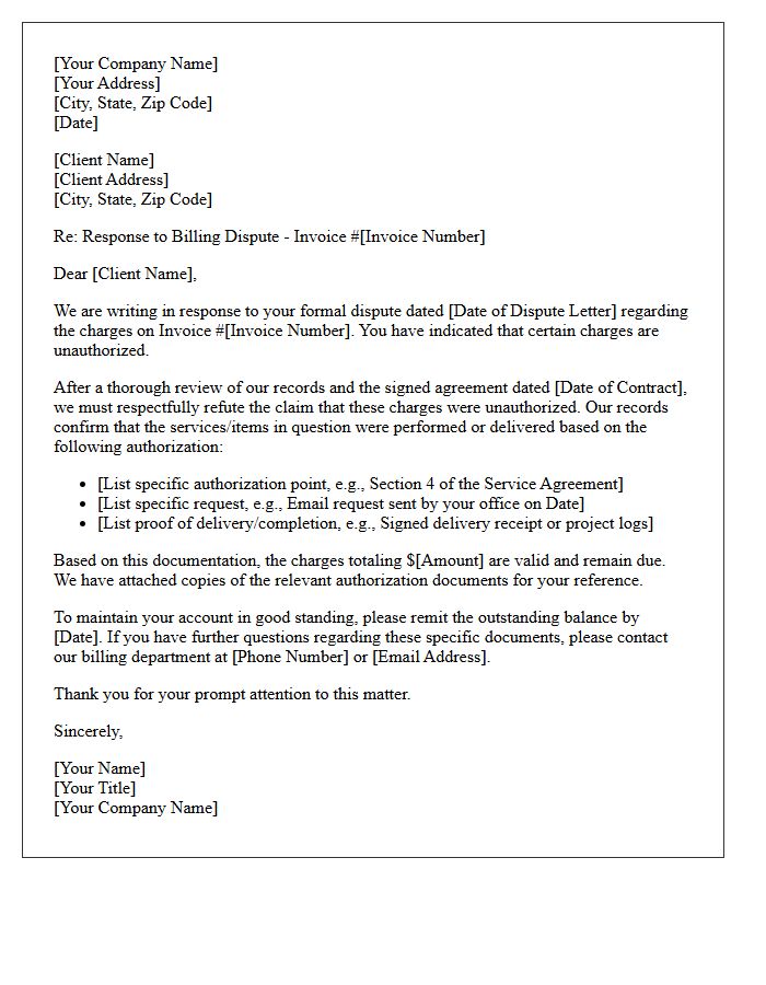 Response Letter to Client Billing Dispute Refuting Unauthorized Charges