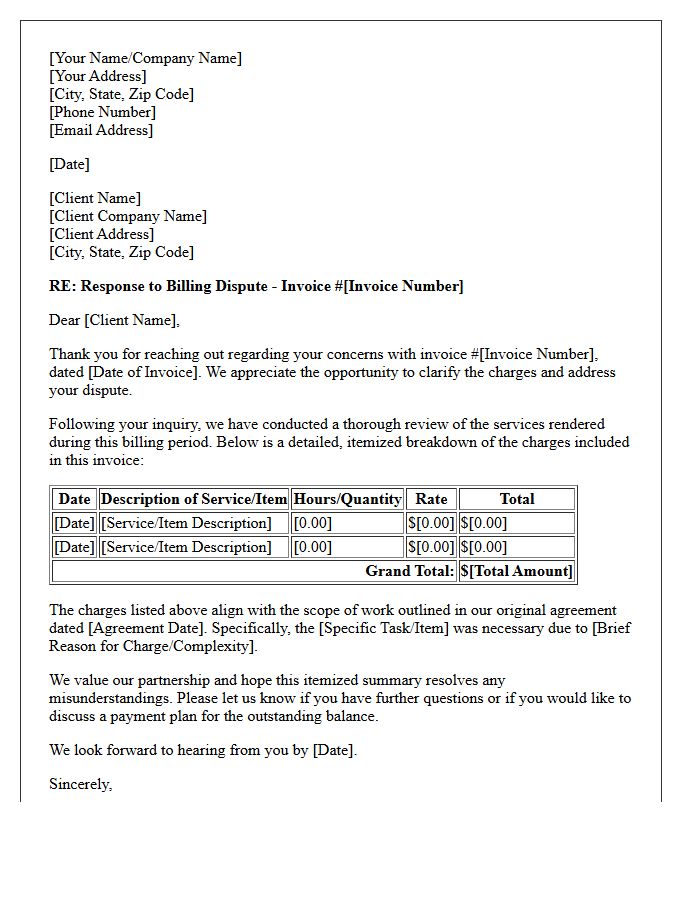 Response Letter to Client Billing Dispute Outlining Itemized Invoice Breakdown