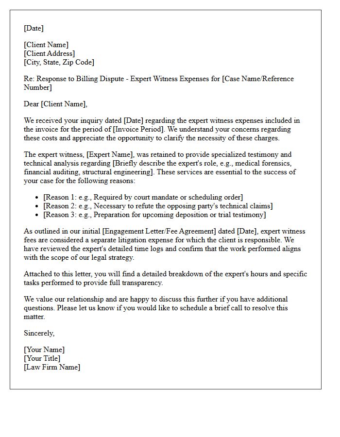 Response Letter to Client Billing Dispute Regarding Expert Witness Expenses