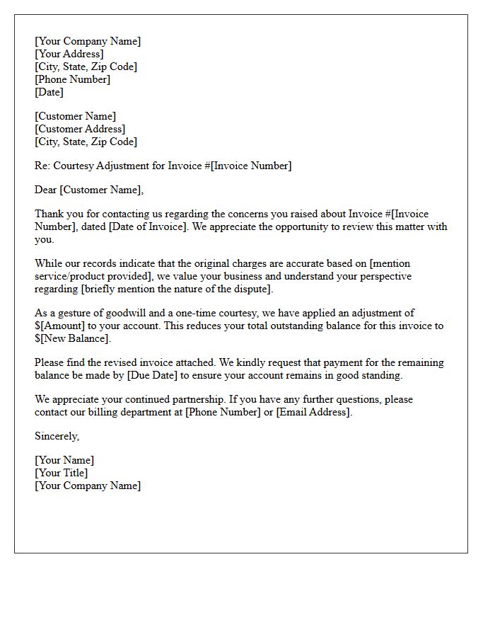 Disputed Invoice Courtesy Adjustment Letter