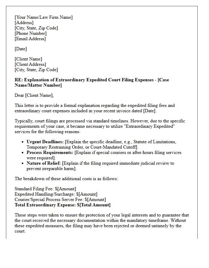 Explanation of Extraordinary Expedited Court Filing Expenses Letter