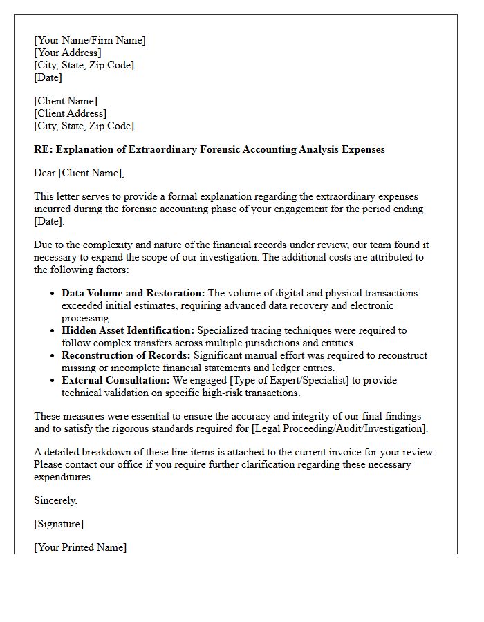 Explanation of Extraordinary Forensic Accounting Analysis Expenses Letter
