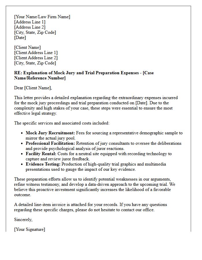 Explanation of Extraordinary Mock Jury and Trial Preparation Expenses Letter