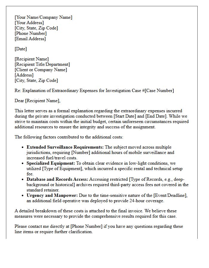 Explanation of Extraordinary Private Investigation Services Expenses Letter