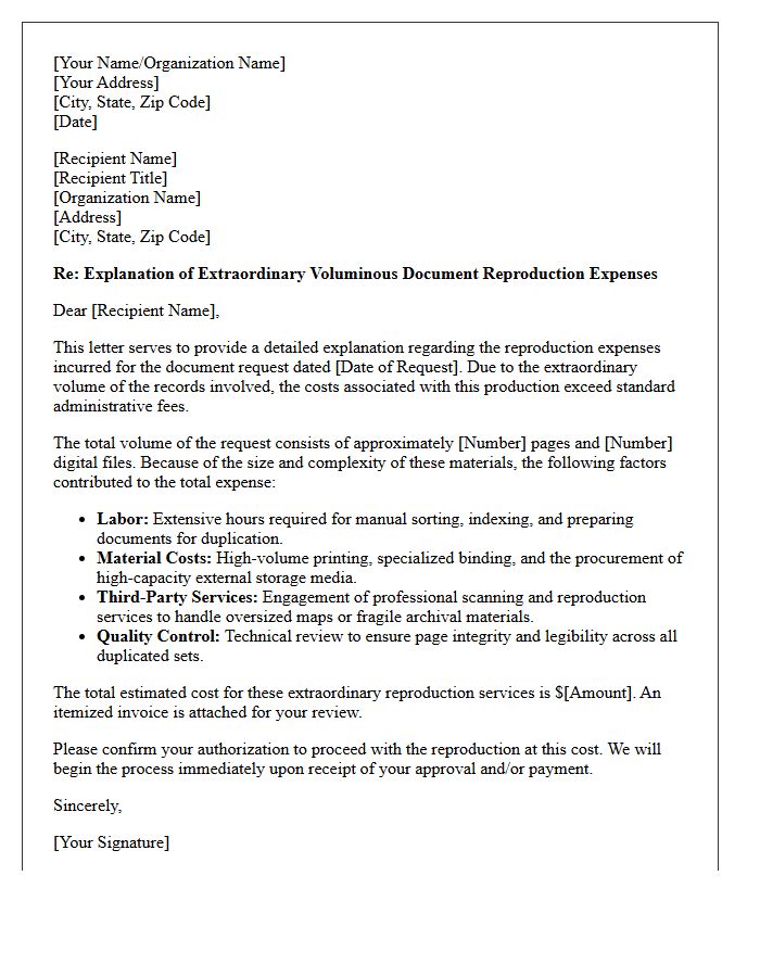Explanation of Extraordinary Voluminous Document Reproduction Expenses Letter