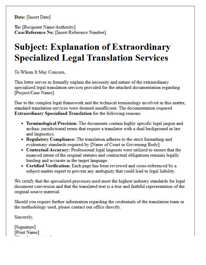 Explanation of Extraordinary Specialized Legal Translation Services Letter