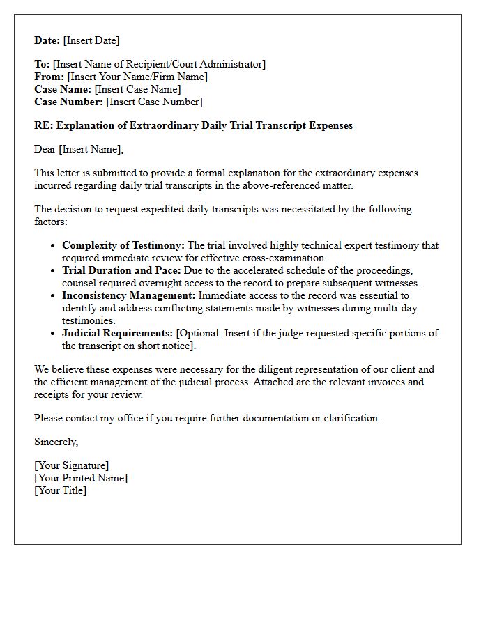 Explanation of Extraordinary Daily Trial Transcript Expenses Letter