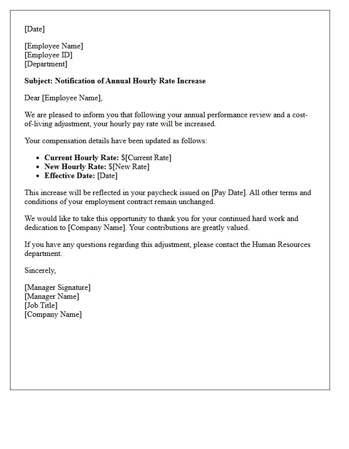 Annual Hourly Rate Increase Notification Letter