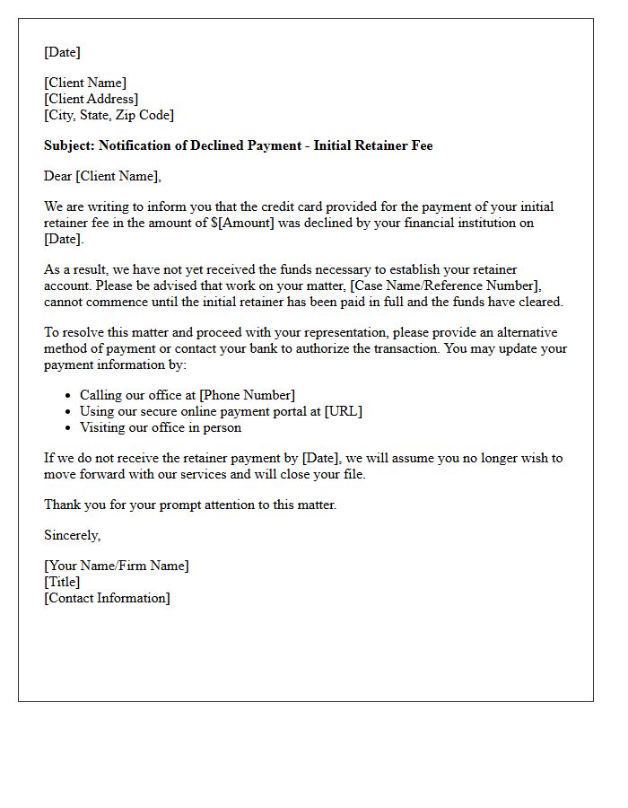 Initial Retainer Fee Declined Credit Card Notice Letter