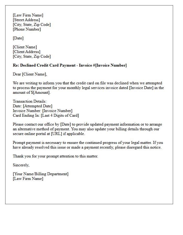 Monthly Legal Services Invoice Declined Credit Card Letter