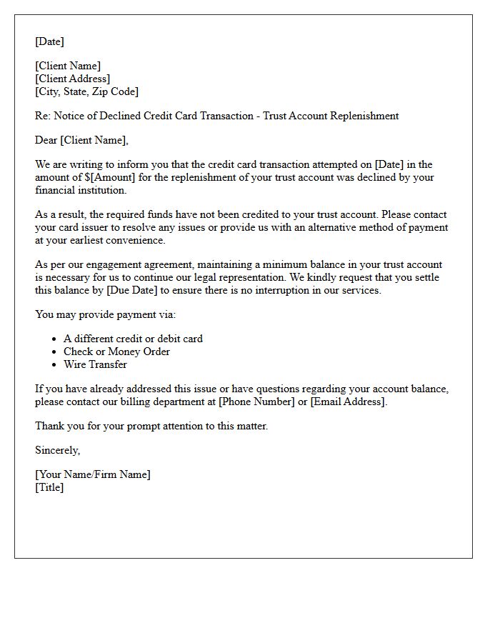 Trust Account Replenishment Declined Credit Card Letter