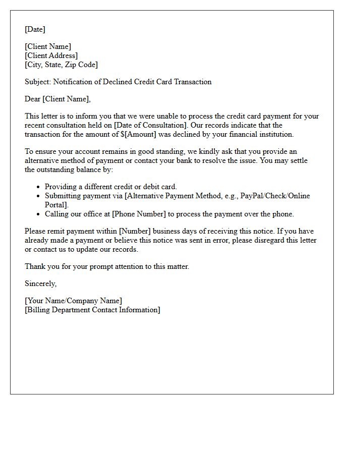 Consultation Fee Declined Credit Card Transaction Letter
