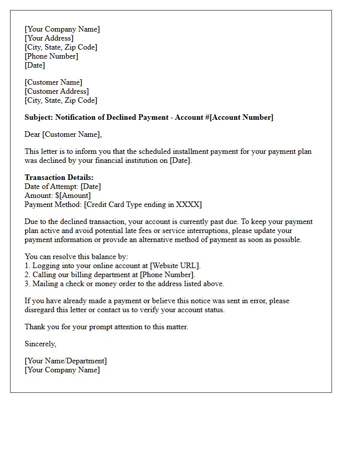 Payment Plan Installment Declined Credit Card Letter