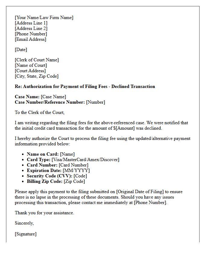 Court Filing Fees Declined Credit Card Authorization Letter