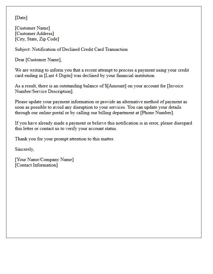 Outstanding Balance Declined Credit Card Transaction Letter