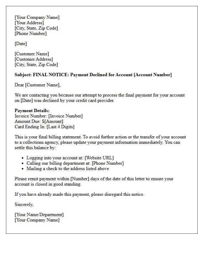 Final Billing Statement Declined Credit Card Letter
