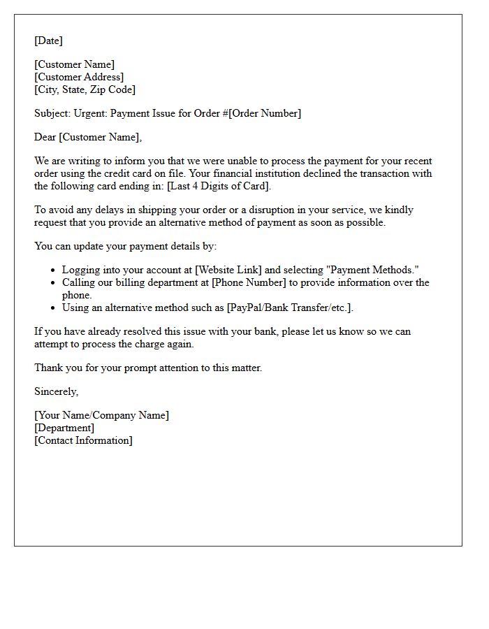 Alternative Payment Request for Declined Credit Card Letter