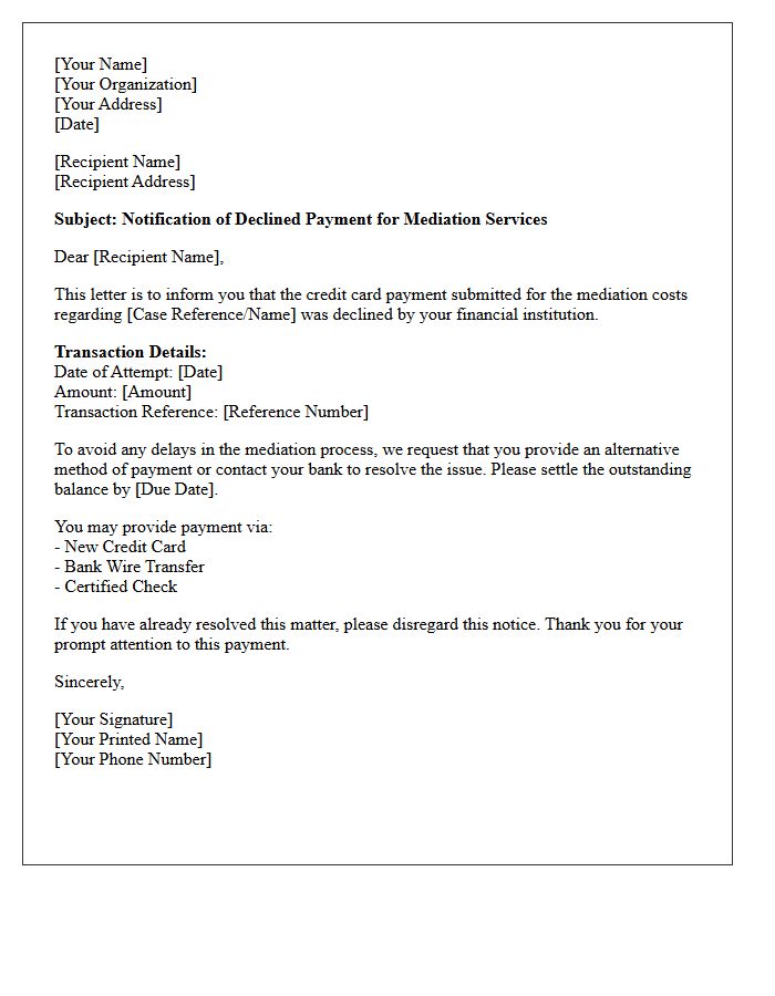Mediation Cost Declined Credit Card Transaction Letter