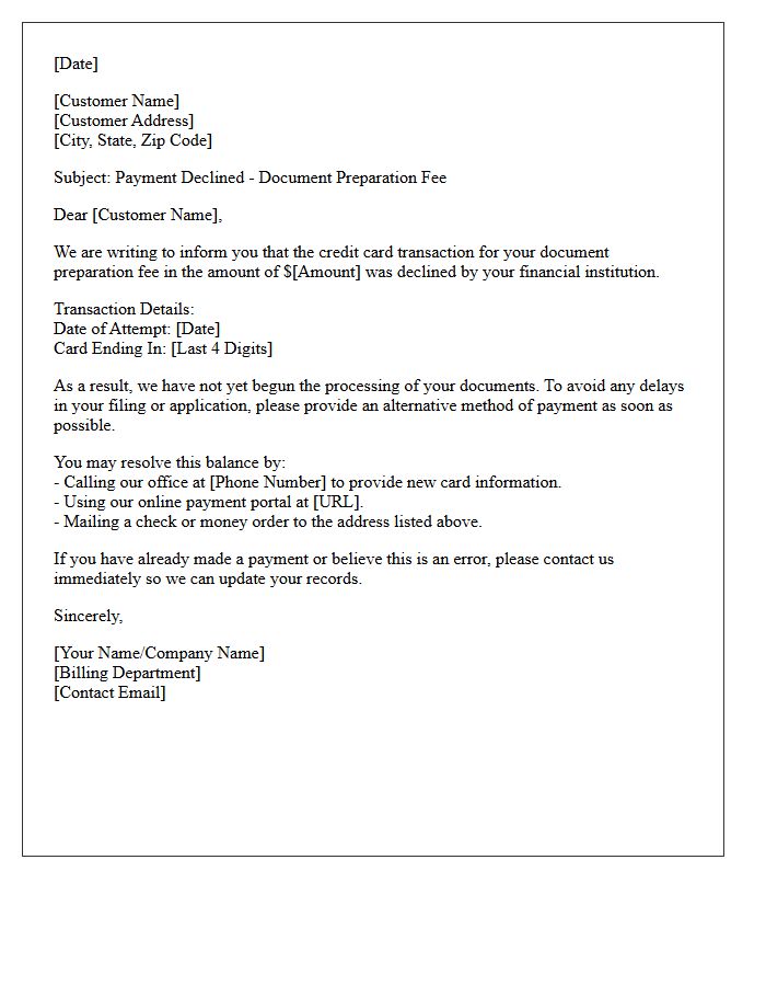 Document Preparation Fee Declined Credit Card Letter