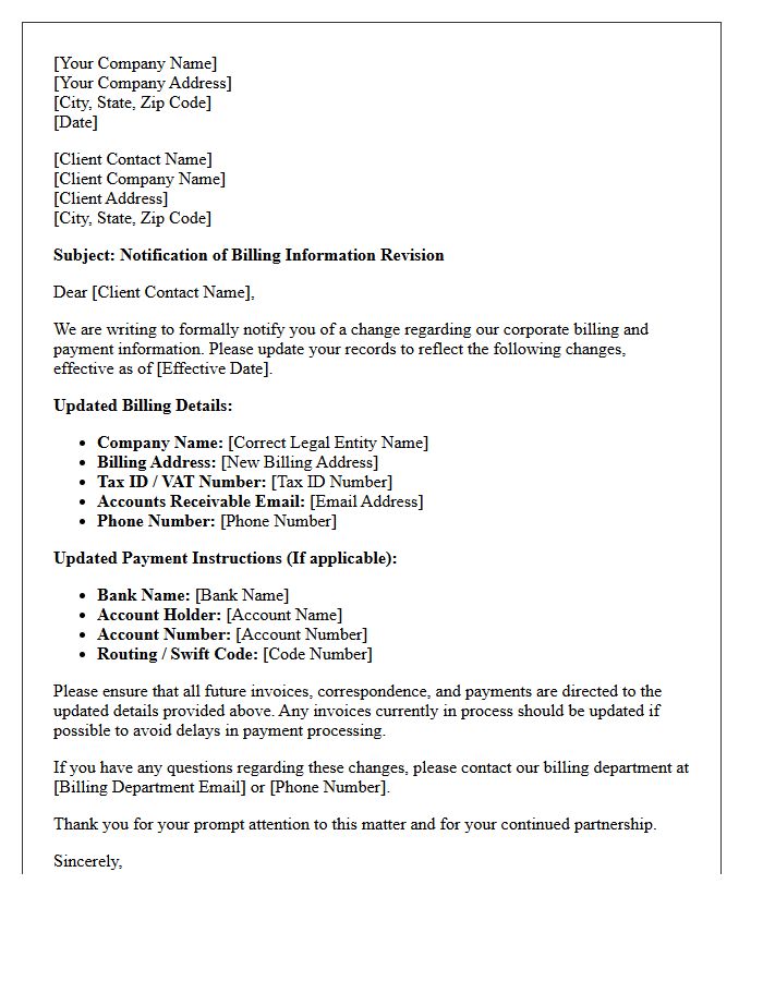 Corporate Client Billing Information Revision Letter