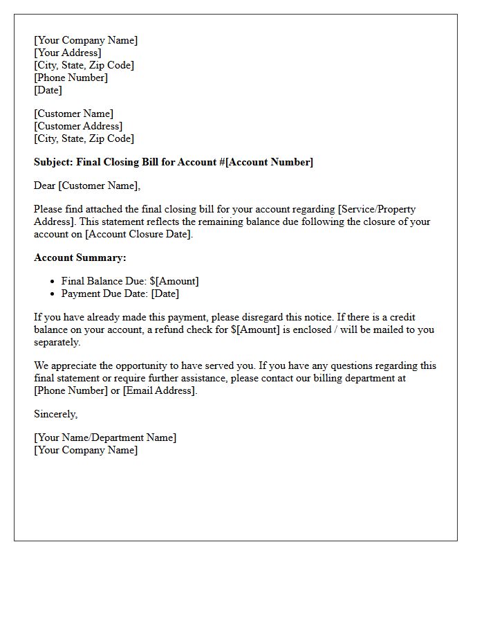 Standard Final Closing Bill Cover Letter