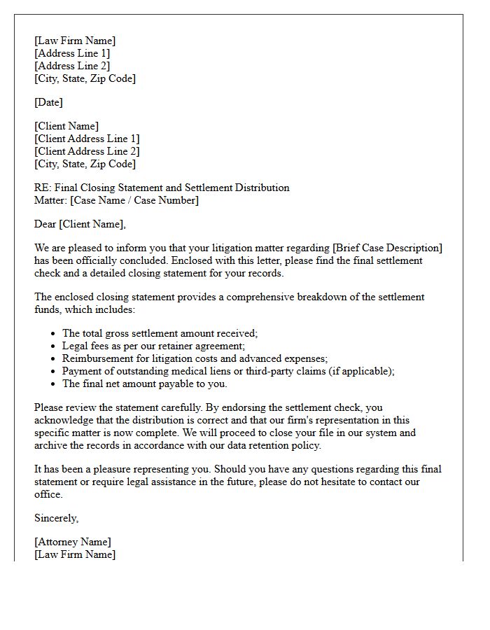 Litigation Settlement Final Closing Bill Cover Letter